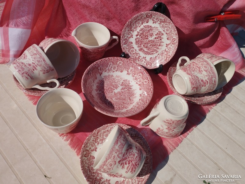 6 személyes angol jelenetes porcelán kávéskészlet, 15 darabos