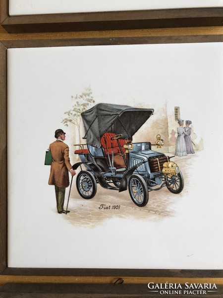 3 wall pictures, daimler-1886, fiat-1901, lanchester-1895 in a wooden frame on white tiles