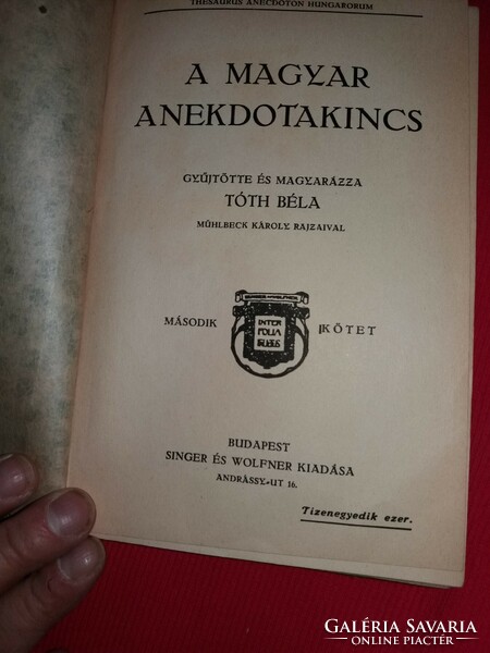 1935. Béla Antik Tóth: the treasure of Hungarian anecdotes 2. Tales, culture humor adoma singer and wolfner