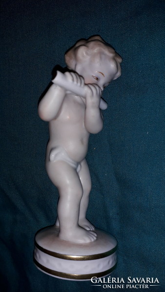 Gyönyörű antik SCHAUBACH KUNST porcelán fuvolázó porcelán angyalka puttó figura 15 cm képek szerint