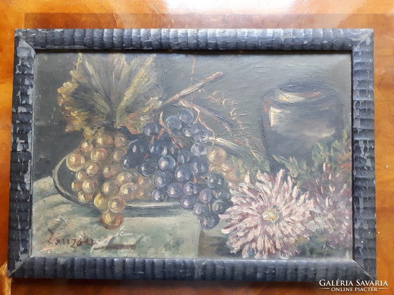 Grapes and flowers, oil painting signed