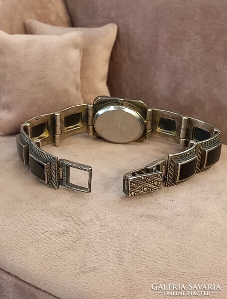 Silver onyx and marcasite stone wristwatch