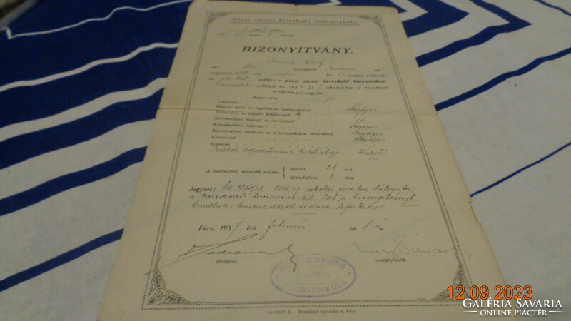 Certificate, Pécs city apprentice school 1937.