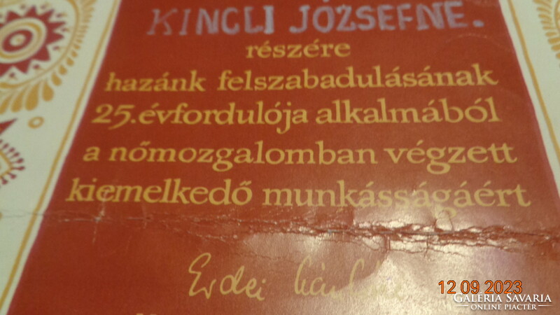 Emléklap   " Hazánk felszabadulásának 25. évfordulására  " Magyar Nők Országos Tanácsa