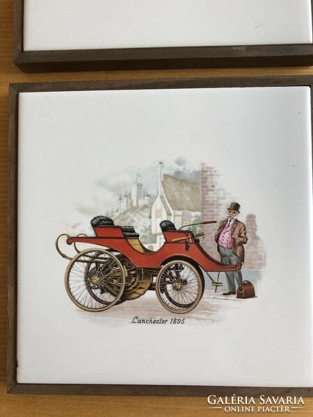3 wall pictures, daimler-1886, fiat-1901, lanchester-1895 in a wooden frame on white tiles