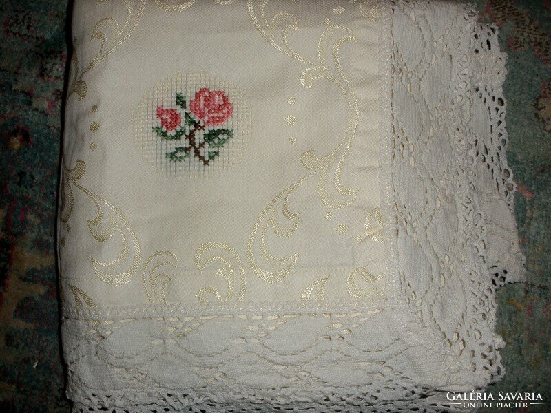 Cream white tablecloth with embroidery and lace