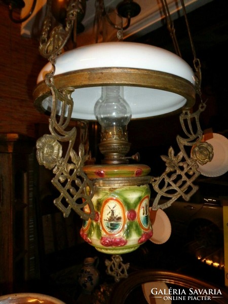 Antik, majolika betétes, petróleum lámpa + búra, felújításra! MÉG OLCSÓBB!