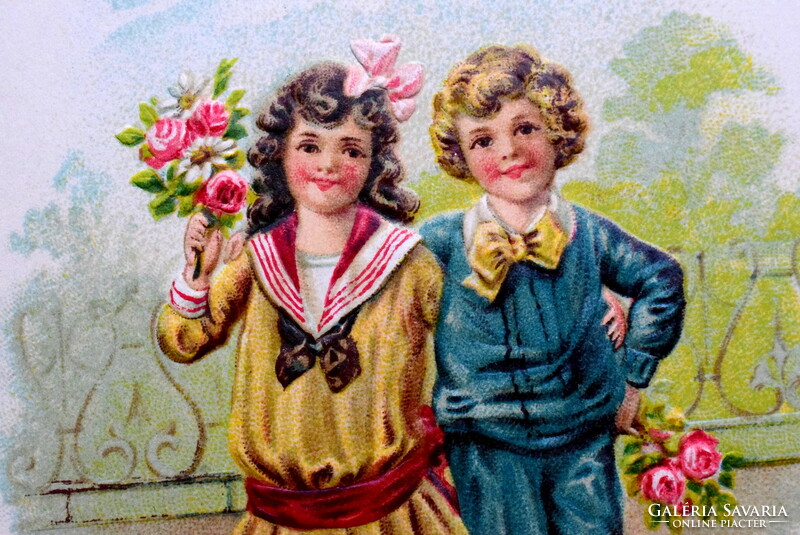 Antique embossed greeting card for children with a bouquet of roses