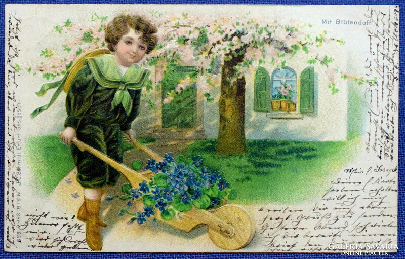 Antique embossed greeting card little boy gardening