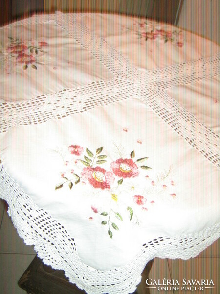 Machine embroidered tablecloth with beautiful handmade crochet edges and crochet inserts