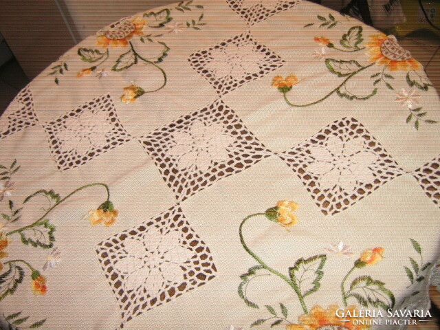 Machine embroidered tablecloth with beautiful handmade crochet edges