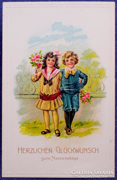 Antique embossed greeting card for children with a bouquet of roses