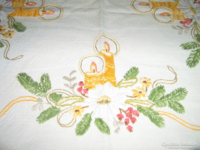 A wonderful antique Christmas hand-embroidered lace-edged woven tablecloth