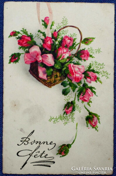 Old greeting card rose embossed letter
