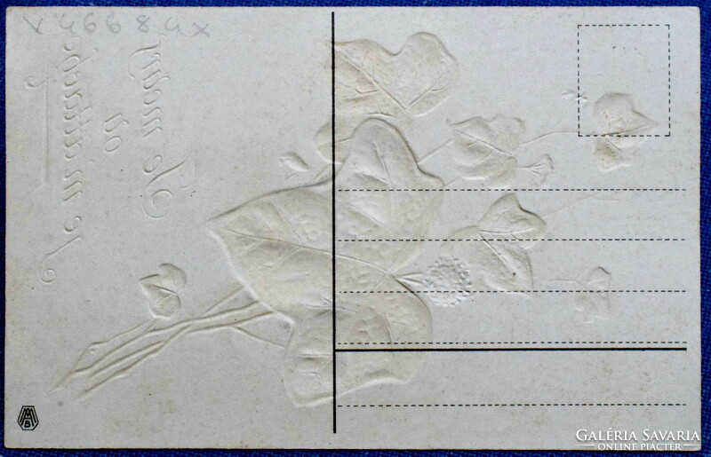 Antik szecessziós dombornyomott üdvözlő képeslap borostyánlevél