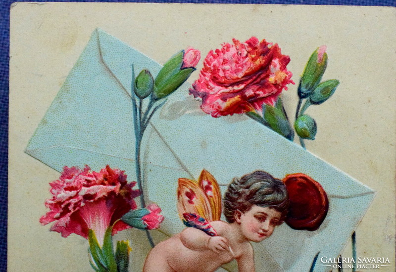 Antik szecessziós dombornyomott üdvözlő képeslap puttó levéllel viaszpecsét szegfű