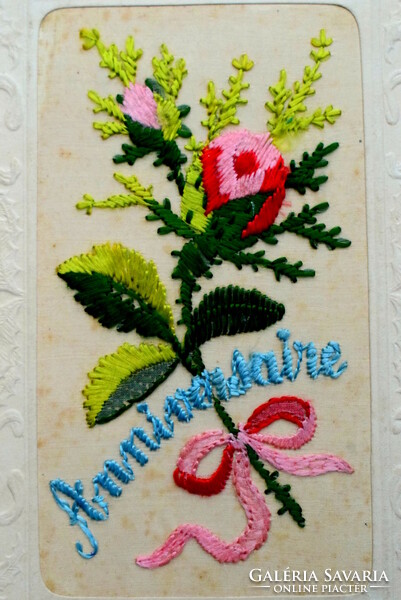 Antique greeting card in an embossed frame with hand-embroidered silk flowers