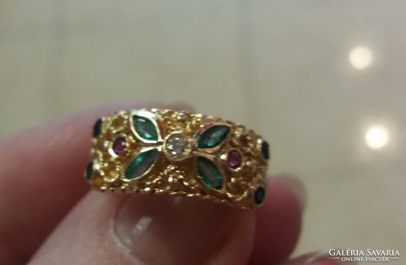 Byzantine handmade gold ring with precious stones. With certificate