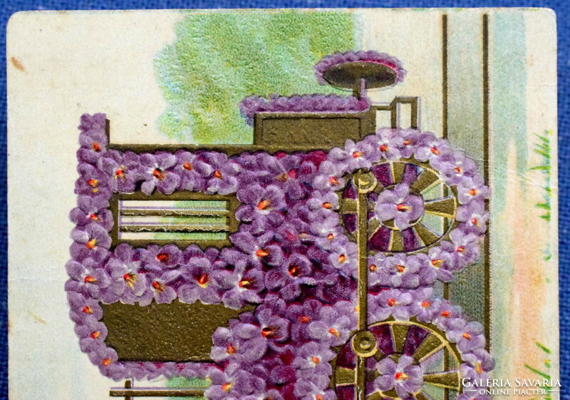 Antik dombornyomott üdvözlő képeslap  ibolya virág mozdony szív