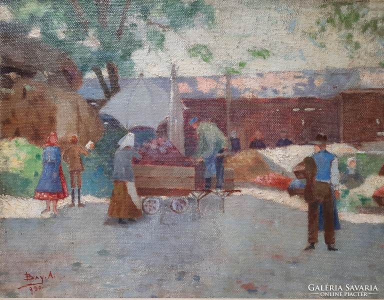 Bay basement: market - original marked oil on canvas, 1930