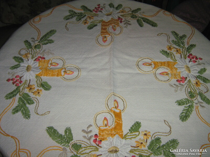 A wonderful antique Christmas hand-embroidered lace-edged woven tablecloth