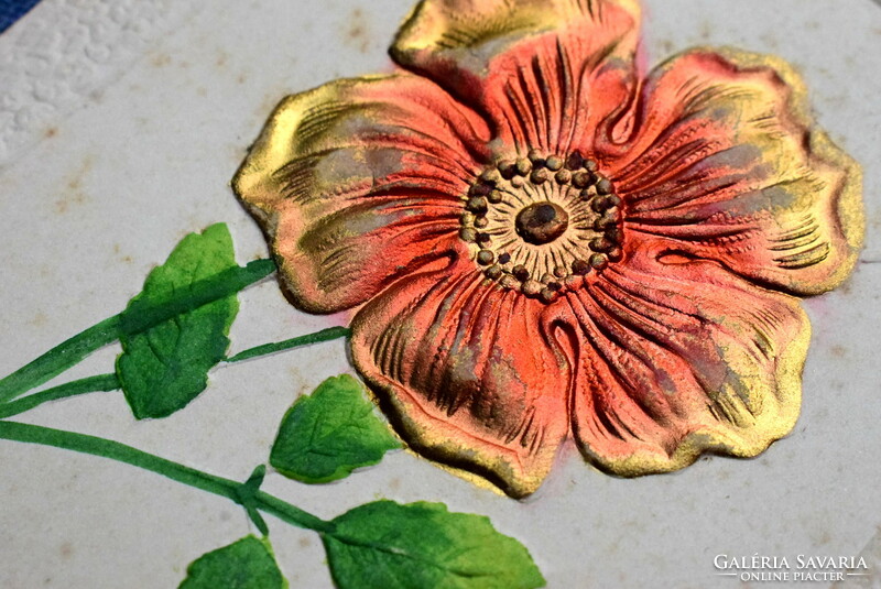 Antik dombornyomott üdvözlő több rétegű képeslap arany virág