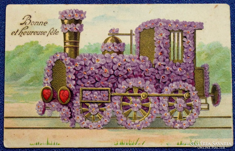 Antik dombornyomott üdvözlő képeslap  ibolya virág mozdony szív
