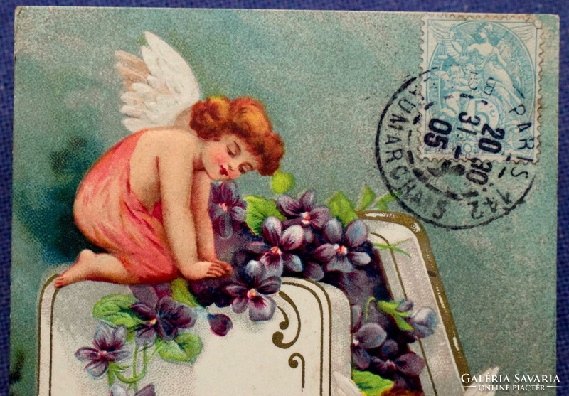 Antik dombornyomott üdvözlő képeslap angyalkák bonbonos doboz? ibolya
