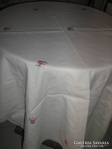 Beautiful antique floral embroidered lacy edged tablecloth