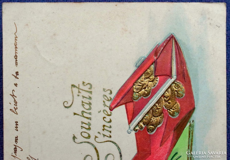 Antik dombornyomott üdvözlő képeslap pénztárca aranypénz levél virág