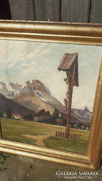 Szép tájkép Keresztfával   Olaj-fa festmény