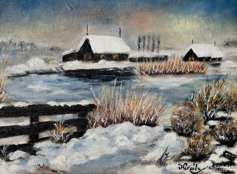 Lejáró a tóhoz, télen - keretezett olajfestmény - 24 x 18 cm a festmény + a keret