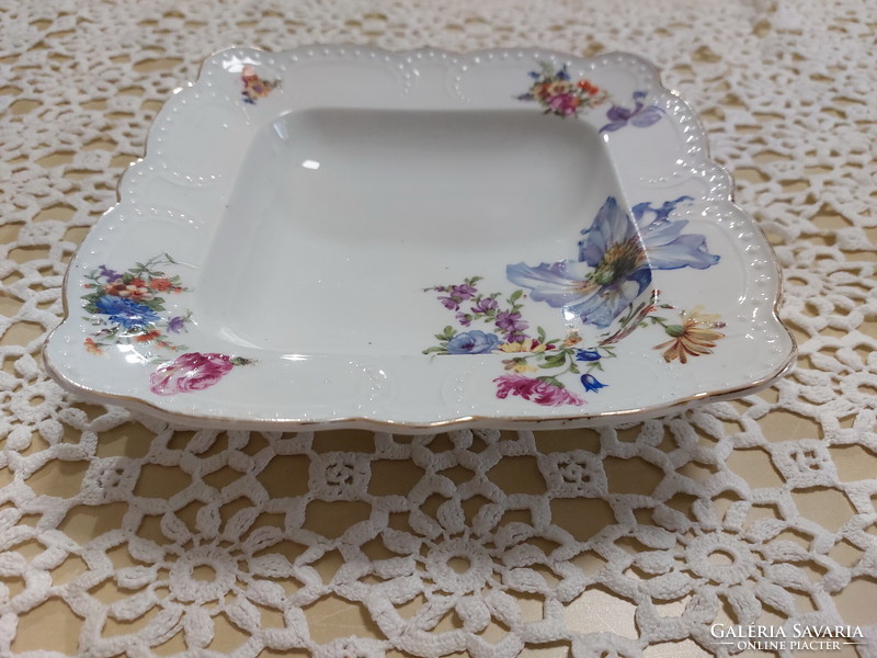 Zsolnay porcelain serving bowl with beaded edge, beautiful floral pattern, golden edge