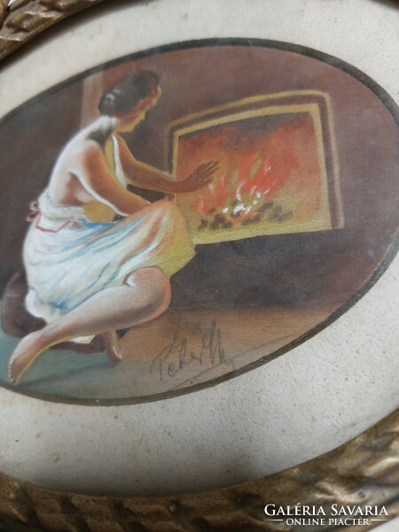 Painting: a female figure warming herself by a fireplace