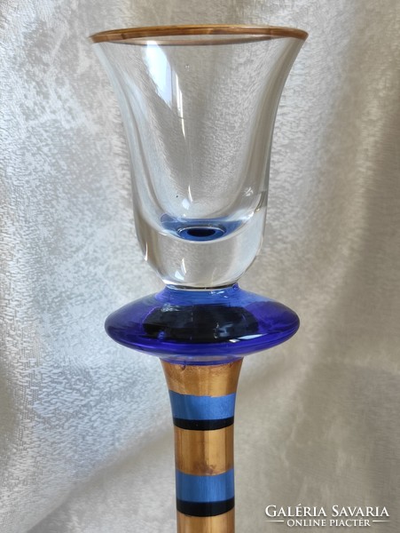 Blue and gold striped monofilament candle holder. New.