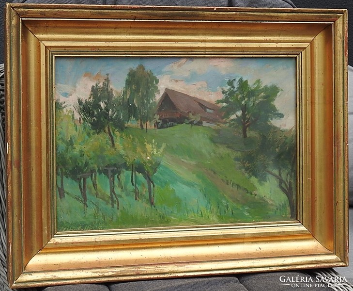 Vine Hill in Austria. The work of a painter from Szombathely. Signed, original, oil painting.