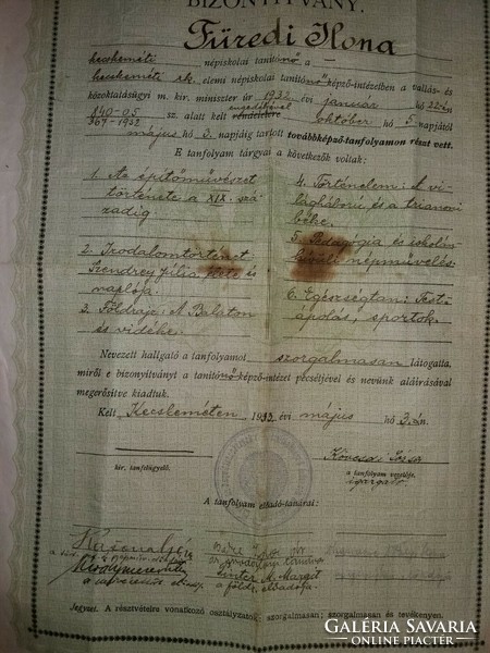 Antique 1932 Kecskemét Ilred Mária Füredi teacher diploma diploma according to the pictures