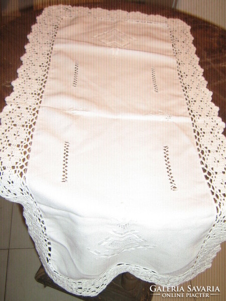 Beautiful handmade crocheted runner with hand embroidered white tablecloth