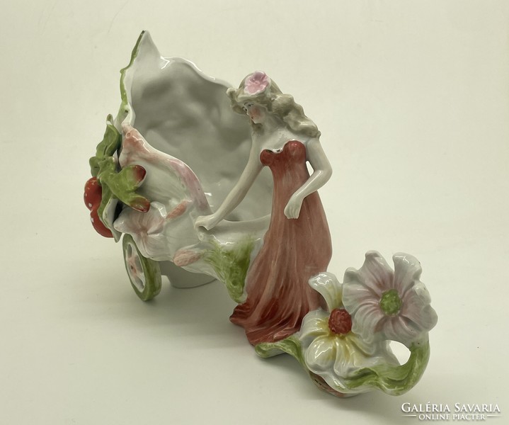 Antique continental porcelain carriage lady with flowers