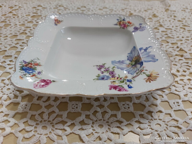 Zsolnay porcelain serving bowl with beaded edge, beautiful floral pattern, golden edge