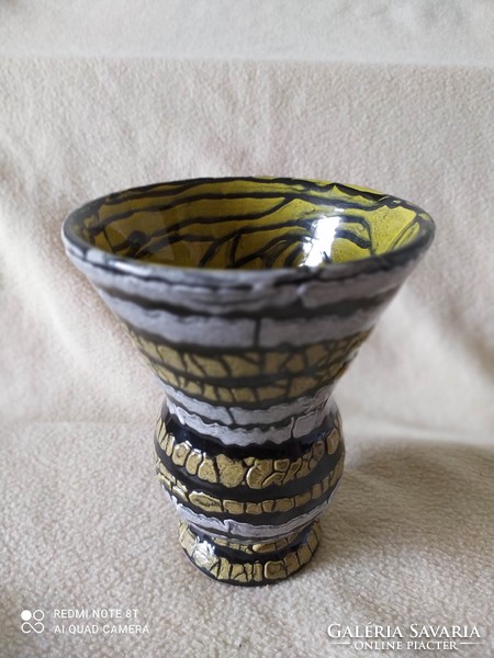 Gorka: ceramic vase, with cracked glaze, striped decor, flawless, marked, 15 cm