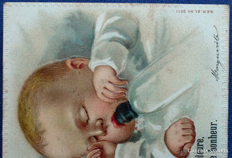 Antique embossed litho greeting card with baby bottles