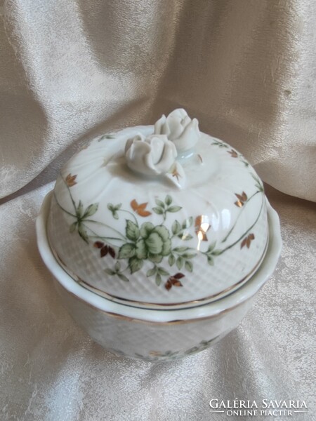 Beautiful rose button decorated with green flowers and gold contoured porcelain bonbonier from Raven House