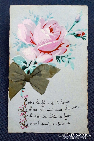Antique hand painted greeting card with silk ribbon
