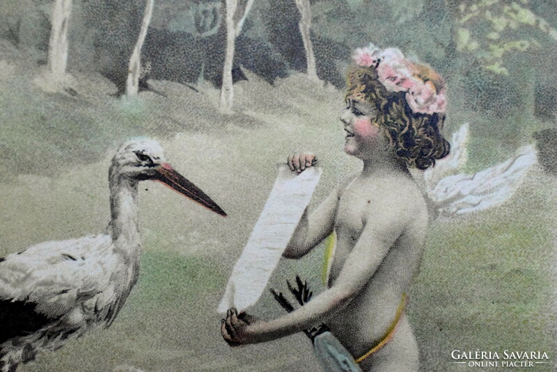 Antique a&m b greeting litho postcard putto and stork