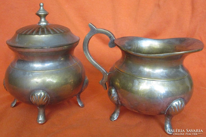 Old pouring set 4 pcs., without markings, silver-plated on the inside, 1 jug 14.5 cm high, 2 jugs 19.5 cm m