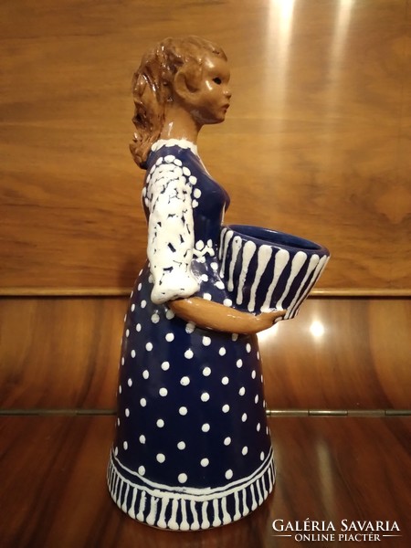 Vintage kerámia kék-fehér ruhás női figura (mécsestartó)