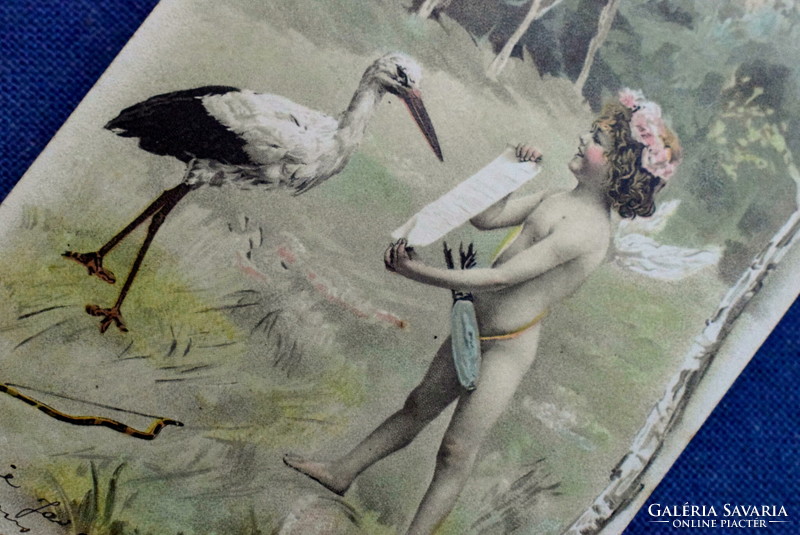 Antik A&M B üdvözlő litho képeslap puttó és gólya