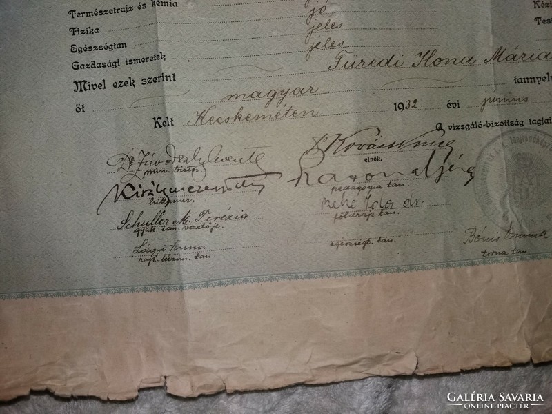 Antik 1932 KECSKEMÉT Füredi Ilona Mária Tanítói diploma okirat oklevél a képek szerint