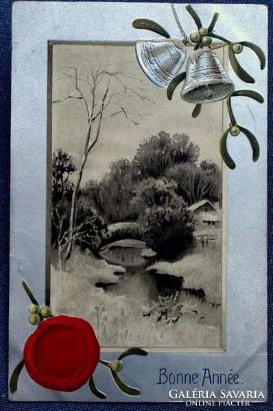 Antique embossed New Year greeting card winter landscape in silver frame with bells seal